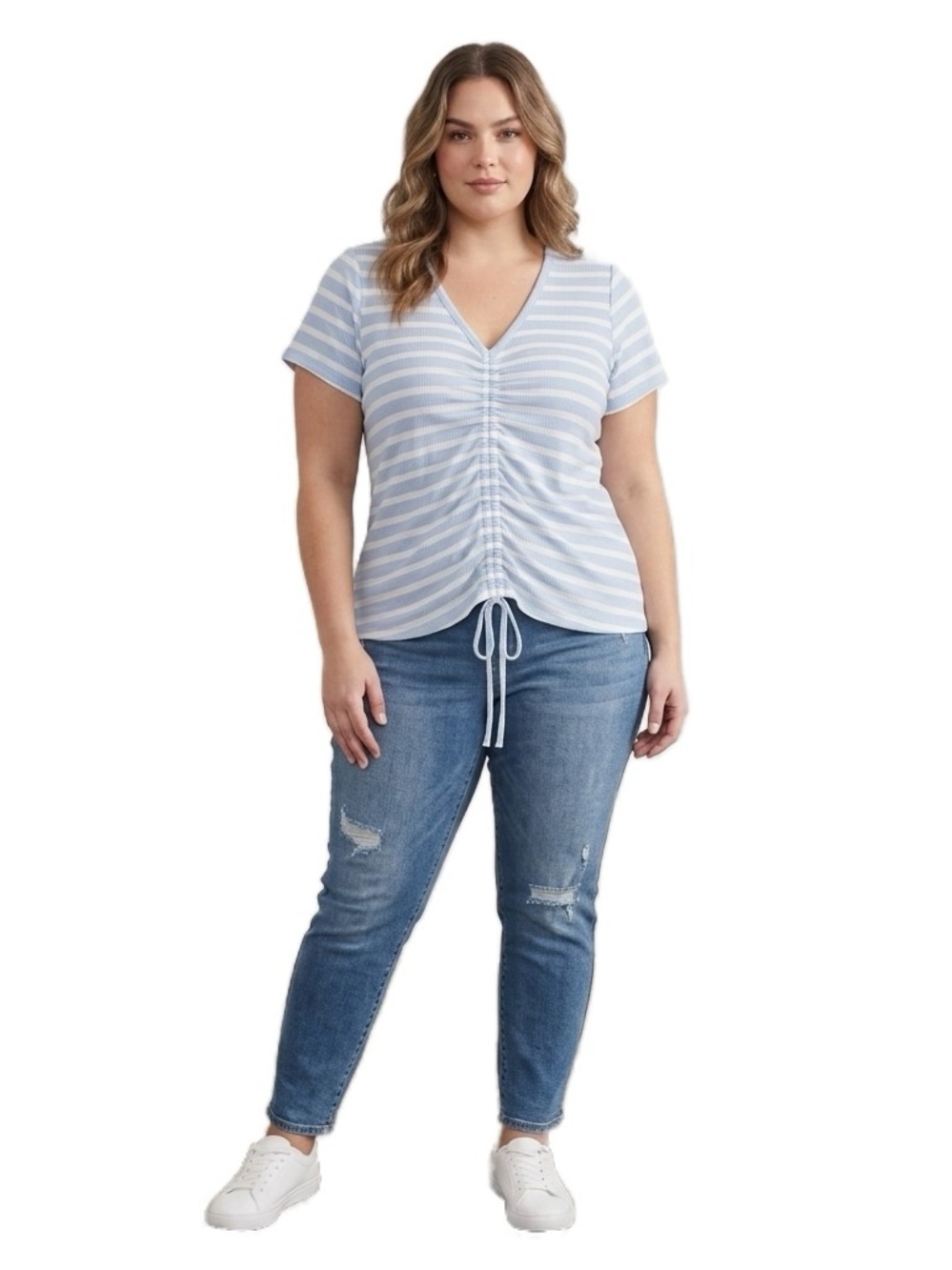 Lane Bryant Blue and White Striped Ruched Front V-Neck Top  NWT